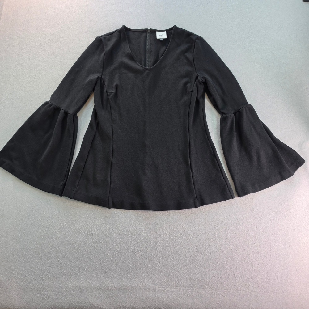 Cabi Black Bell Sleeve V-Neck Top Back Zip Knit Blouse Style 3500 XS